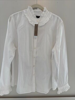 J Crew Ruffled Collar White Button-Up Blouse NWT